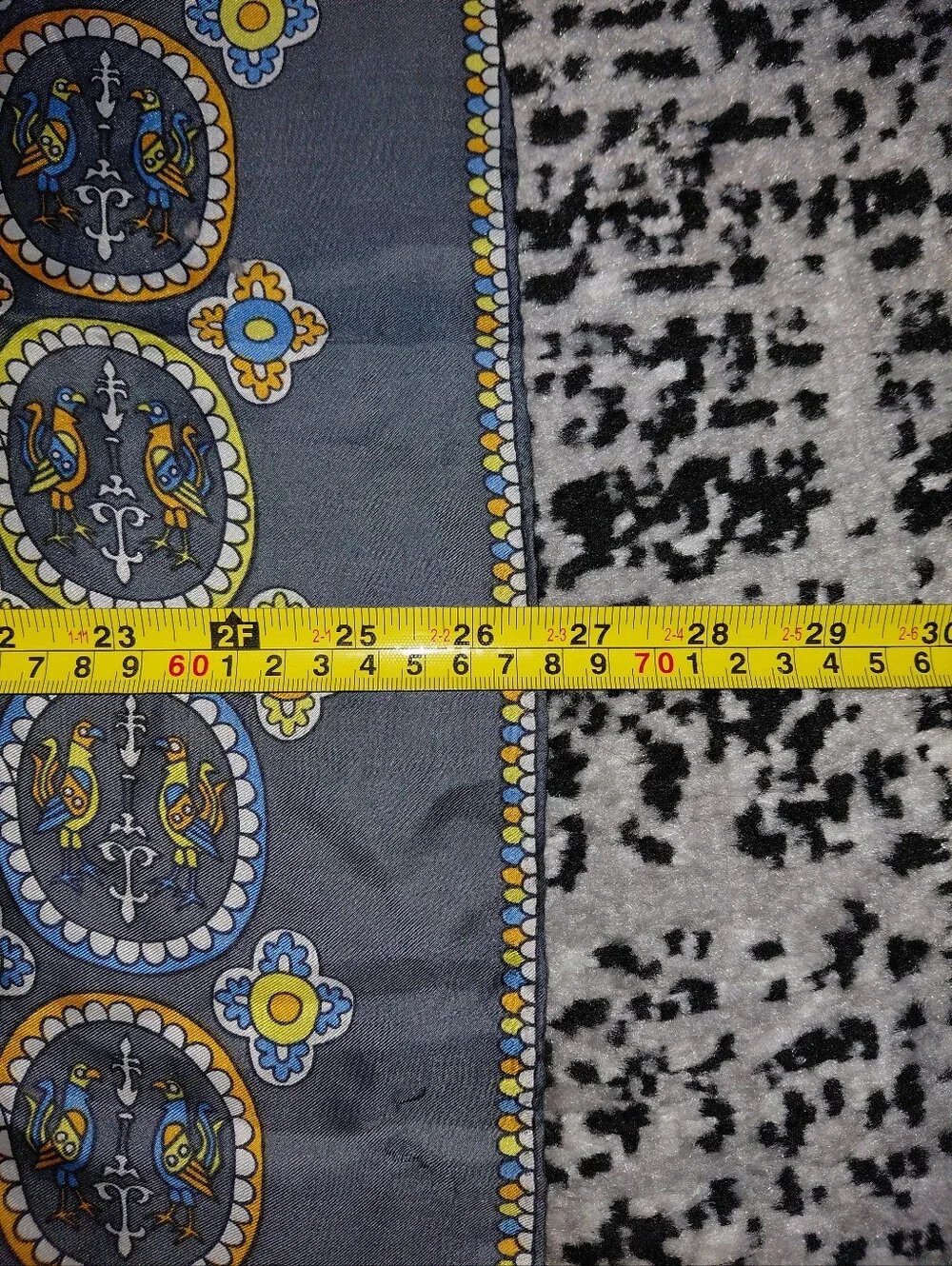 Vintage Echo 100% Silk Scarf Gray Blue Yellow Floral Bird Medallion Retro CC